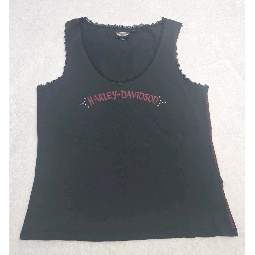 Vintage Y2K Harley Davidson Beaded Gem Studded  Laced Tank Top Biker Black Sz XL
